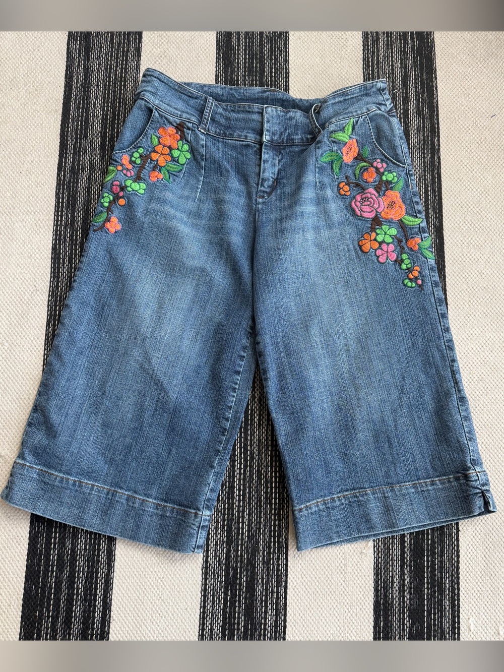 ECI Embroidered Floral Denim Bermuda Shorts - Blue with Pink & Orange Flowers 14